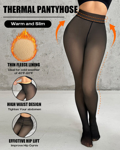 Women's Fleece Lined Tights Fake Translucent Warm Pantyhose High Waist Elastic Thermal Winter Stockings
