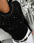 Women's Colorful Rhinestone Crew Neck Ribbed Long Sleeve Slim Fit Top