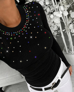 Women's Colorful Rhinestone Crew Neck Ribbed Long Sleeve Slim Fit Top