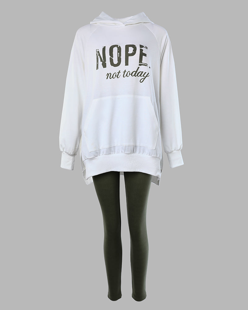 2 Pieces Outfit Nope. not today Slogan Print Kangaroo Pocket Side Slit High-Low Hem Hoodie Sweatshirt and Elastic Waist Slim Fit Sweatpants Set