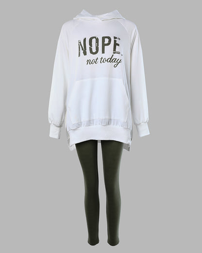 2 Pieces Outfit Nope. not today Slogan Print Kangaroo Pocket Side Slit High-Low Hem Hoodie Sweatshirt and Elastic Waist Slim Fit Sweatpants Set