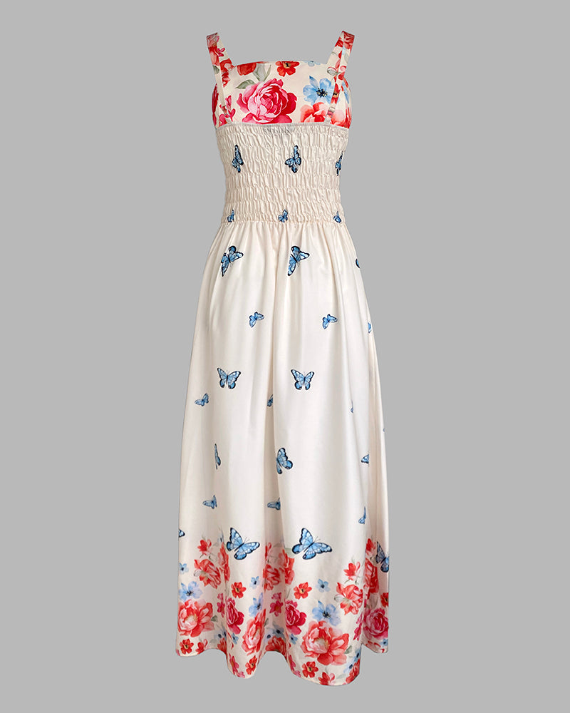 Floral Print Spaghetti Strap Square Neck Shirred Maxi Dress Casual Flowy A Line Vacation Dress