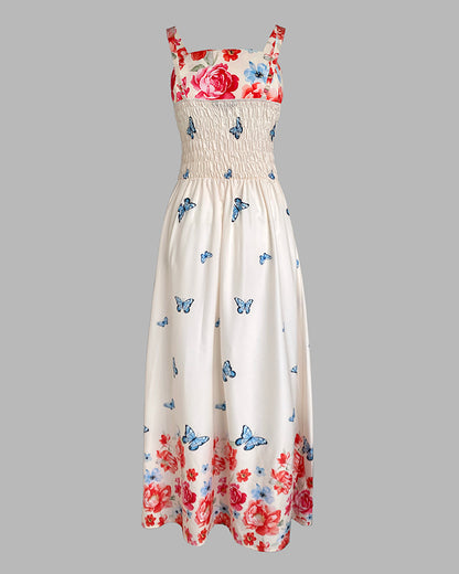 Floral Print Spaghetti Strap Square Neck Shirred Maxi Dress Casual Flowy A Line Vacation Dress