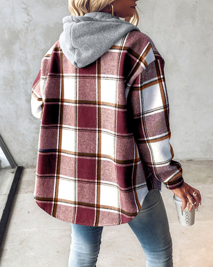 Plaid Pattern Long Sleeve Shacket Button Down Fleece Lined Hooded Jackets Warm Coat