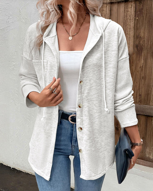 Long Sleeve Knit Ribbed Spliced Button Front Drawstring Hoodie Jacket Casual Drop Shoulder Pocket Design Asymmetrical Hem Coat