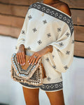 Women's Boho Vintage Print 2-Piece Set Off-Shoulder Lantern Sleeve Top and High-Waisted Shorts Casual Beach Vacation Outfit