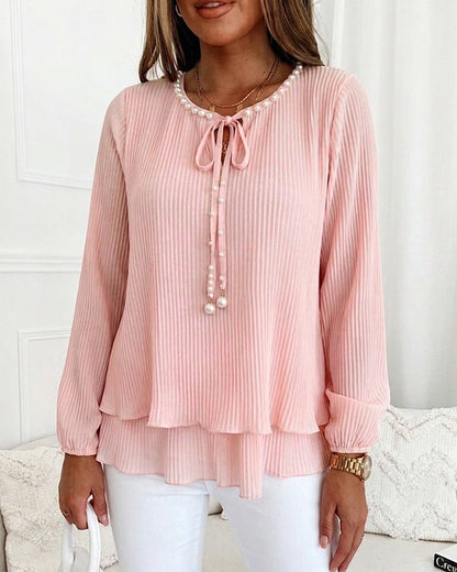 Women's Pleated Chiffon Blouse Elegant Pearl Tie Neck Shirt Long Sleeve Tiered Ruffle Hem Top