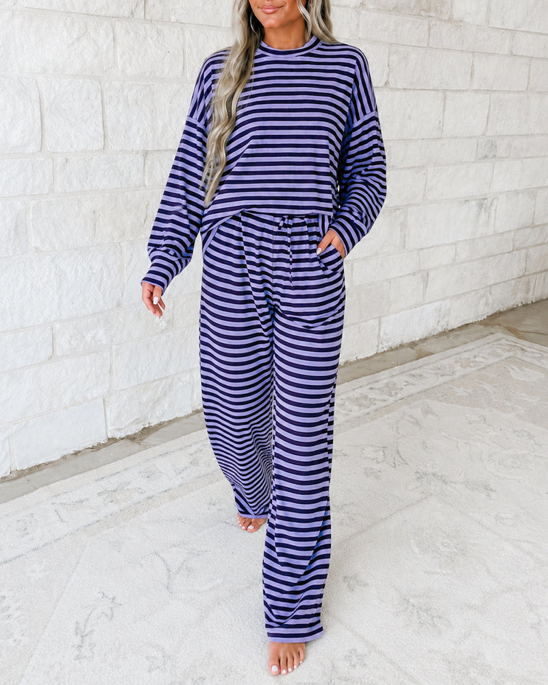 Women's 2 Piece Striped Outfits Long Sleeve Crewneck Top and Wide Leg Pants Set