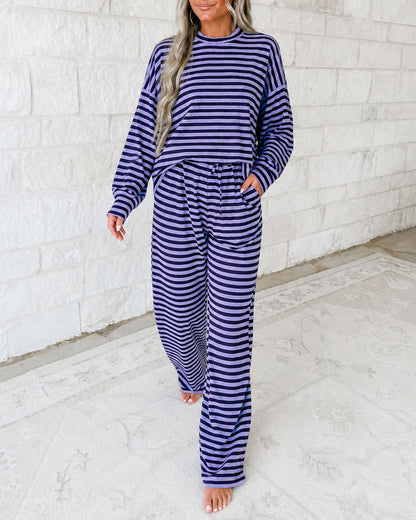 Women's 2 Piece Striped Outfits Long Sleeve Crewneck Top and Wide Leg Pants Set