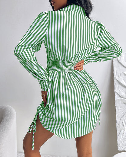 Striped Turn-down Collar Long Sleeve Dress Button Drwastring  Shirred Dress
