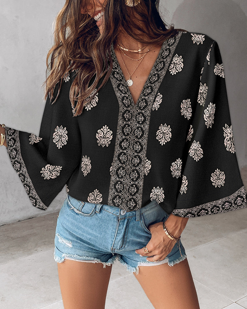 Floral Print V Neck Long Sleeve Blouse Casual Loose Fit Top