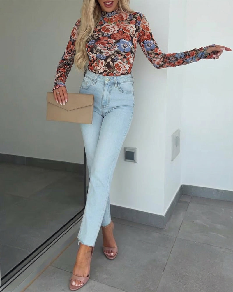 Vintage Allover Oil Painting Floral Print Mock Neck Long Sleeve Tee Slim Fit Frill Cuffs Sheer Mesh Layering Top with Thumb Hole Cuffs