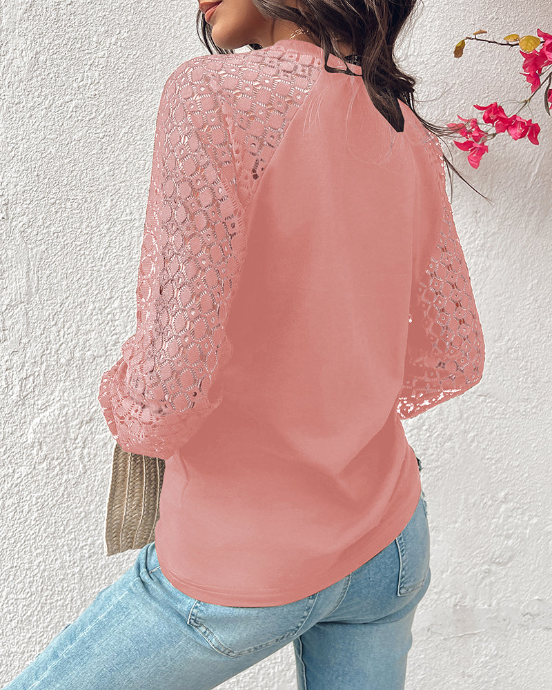 Contrast Lace Round Neck Lantern Sleeve Ruched Blouse Elegant Shirt