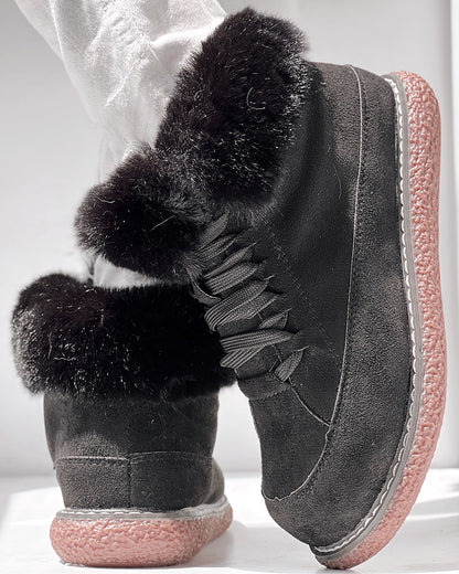 Fuzzy Detail Lined Lace-up Snow Boots