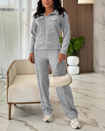 Women's Casual Tracksuit Set Zip Up Long Sleeve Lapel Jacket and High Waisted Straight Leg Pants Lounge Set with Pockets
