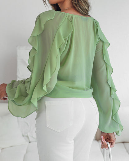 V Neck Shoulder Ruffles Design Blouse Casual Button Front Long Sleeve Top