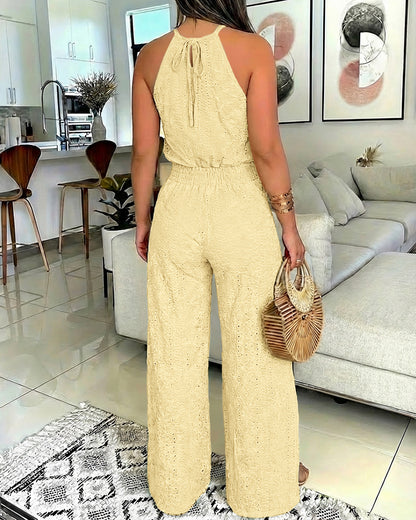 2 Pieces Outfit Halter Tie Guipure Lace Spliced Front Hollow-out Back Top and Elastic Back Waist Wrapped Slit Pants Set Casual Jacquard Textured Vacation Set