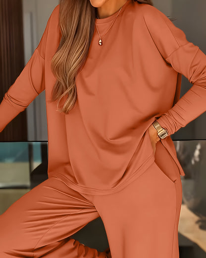 Women's 2 Piece Lounge Set Side Slit Long Sleeve Top and High Waist Wide Leg Pants Outfits with Pockets Casual Tracksuit