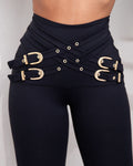 Women's High Waist Criss Cross Gold Buckle Skinny Pants