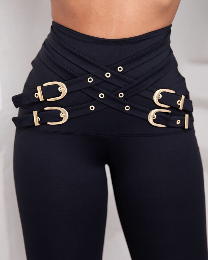 High Waist Criss Cross Buckle Skinny Pants