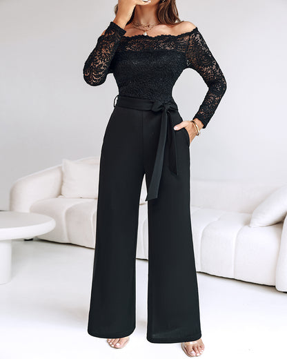 Off Shoulder Long Sleeve Eyelash Lace Spliced Slim Fit Overalls Casual Zipper Back Jumpsuit with Belt