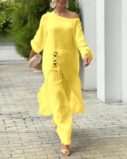 2 Pieces Outfit Button Decor One Shoulder Turn-Up Sleeves Slit Raw Edges Top and Casual Drawstring Elastic Waist Wide Leg Pants Set