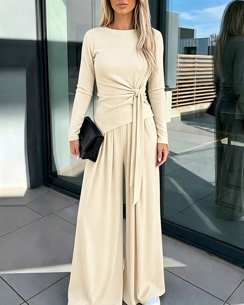 Women's 2 Piece Knit Lounge Set Long Sleeve Tie Waist Top and High Waisted Wide Leg Pants Casual Soft Sweatsuit with Pockets