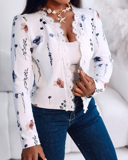 Floral Print Open Front Long Sleeve Casual Contrast Lace Short Cardigan