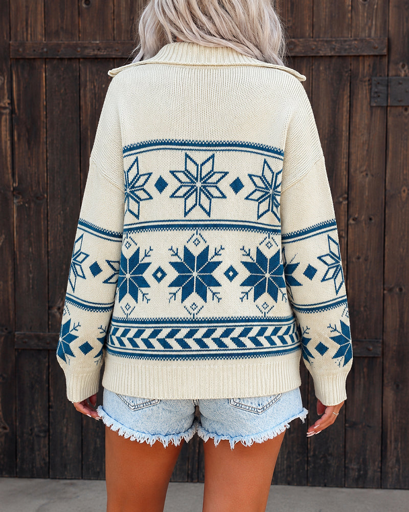 Women's Vintage Fair Isle Half Zip Sweater Casual Drop Shoulder Pullover