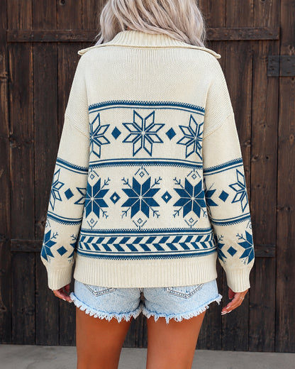 Women's Vintage Fair Isle Half Zip Sweater Casual Drop Shoulder Pullover