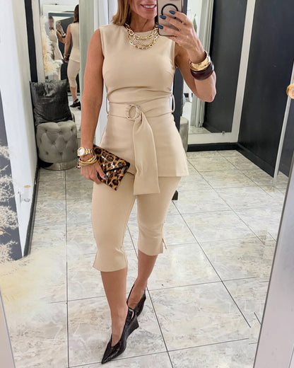 Women's 2 Piece Outfit Sleeveless Asymmetrical Hem Top and High Waist Side Slit Capris Set