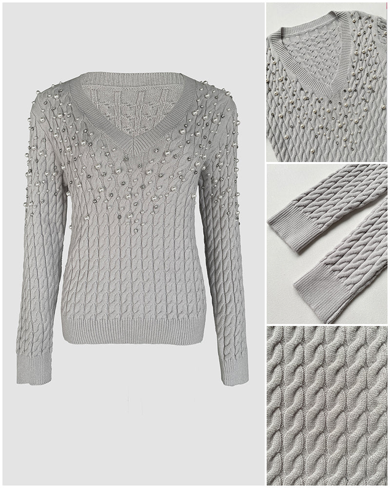 Rhinestone & Pearls Decor V-Neck Cable Textured Knit Sweater