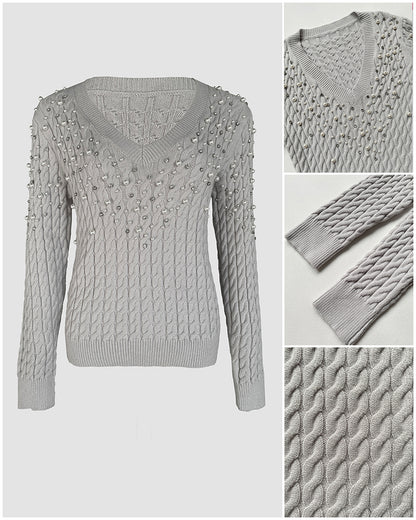 Rhinestone & Pearls Decor V-Neck Cable Textured Knit Sweater