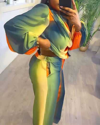 2 Pieces Outfit Cowl Neck Puff Sleeve Loose Fit Top and Zipper Fly Elastic Back Waist Wide Leg Pants Set Casual Tie Dye Print Set