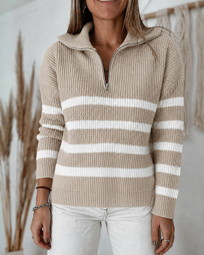 Women's Half Zip Striped Sweater Colorblock Turn-down Collar Knit Pullover Drop Shoulder Loose Fit Top