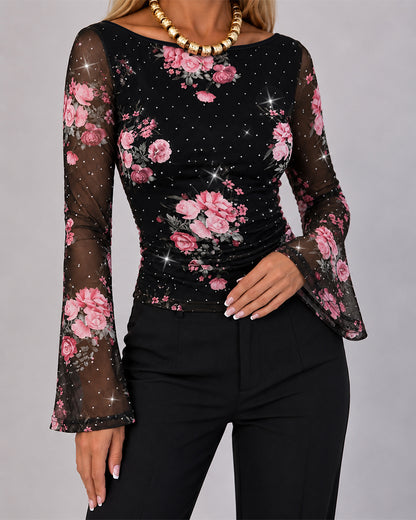 Women's Floral Rhinestone Sheer Mesh Boat Neck Ruched Flare Sleeve Top