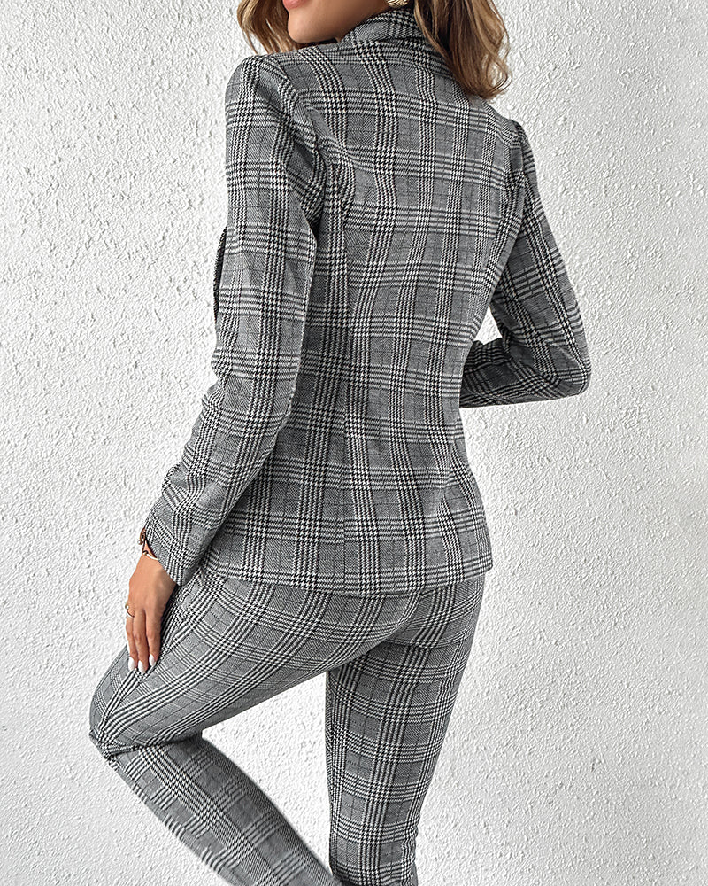 2 Piece Blazer Notched Collar Plaid Print Coat Drawstring Pants Set With Pockets Casual Suits