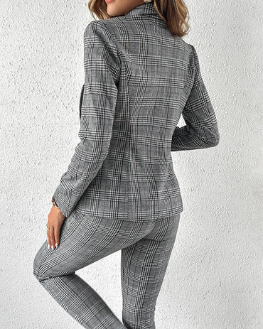 2 Piece Blazer Notched Collar Plaid Print Coat Drawstring Pants Set With Pockets Casual Suits