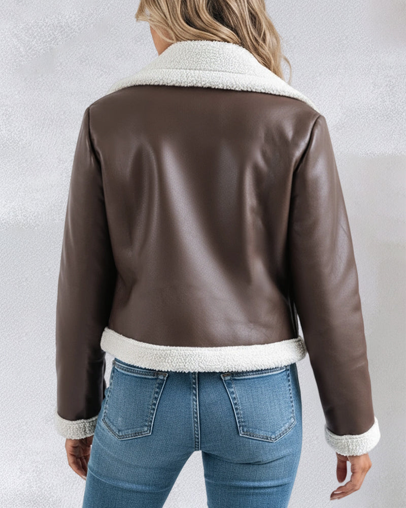 PU Leather Notched Collar Zip Up Vintage Thermal Lined Biker Jacket Faux Shearling Trim Crop Coat