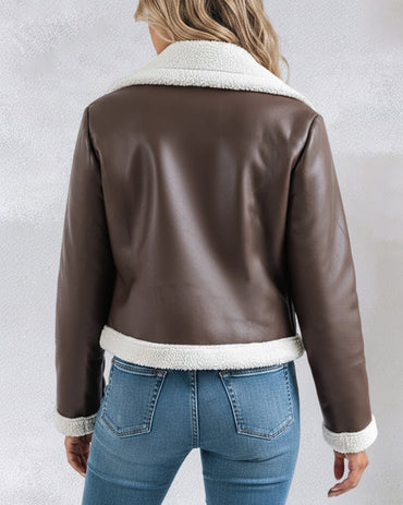 PU Leather Notched Collar Zip Up Vintage Thermal Lined Biker Jacket Faux Shearling Trim Crop Coat