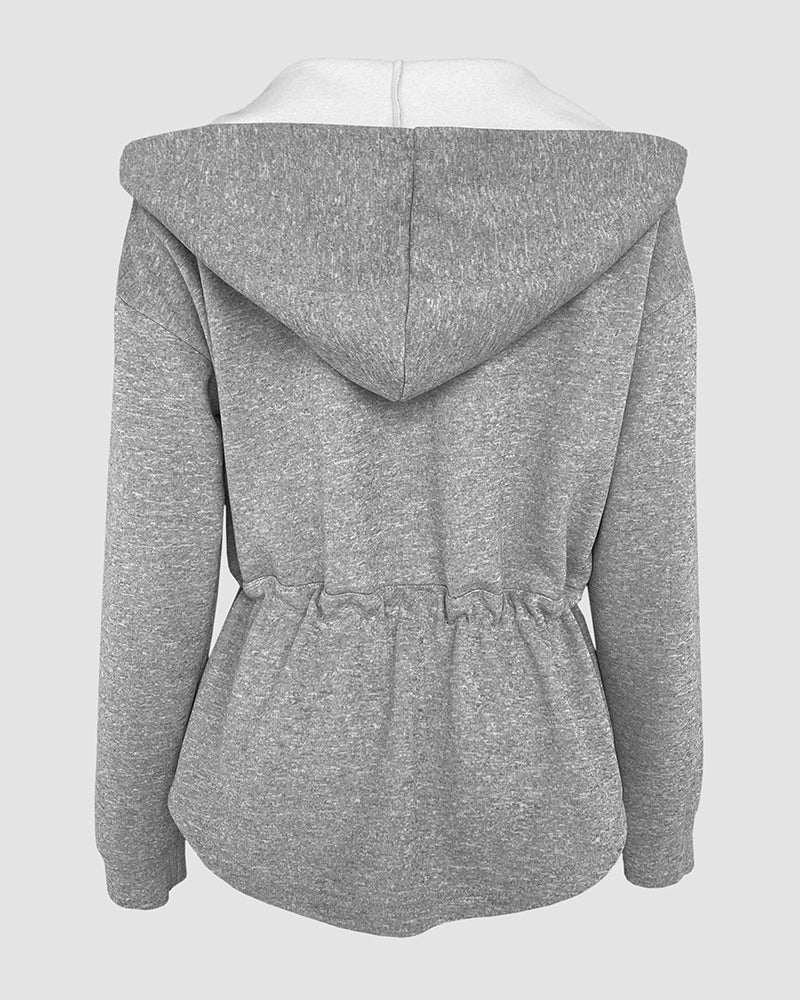 Zip Up Waist Drawstring Asymmetrical Hem Hoodie Jacket Casual Drop Shoulder Cinched Waist Coat
