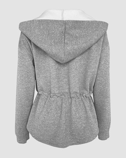 Zip Up Waist Drawstring Asymmetrical Hem Hoodie Jacket Casual Drop Shoulder Cinched Waist Coat