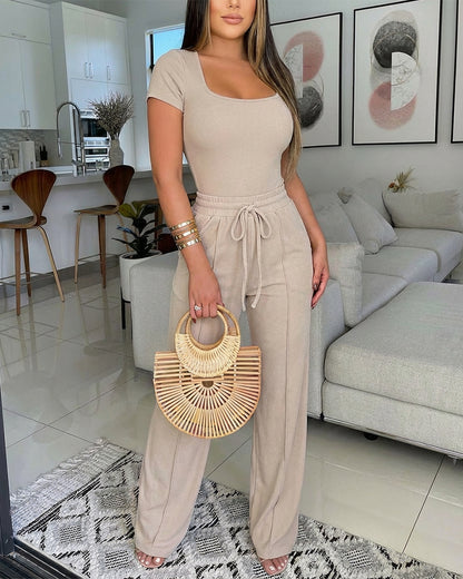 2 Pieces Outfit U-Neck Short Sleeve Slim Fit Ribbed Bodysuit and Drawstring Elastic Waist Seam Front Pants Casual Versatile Set