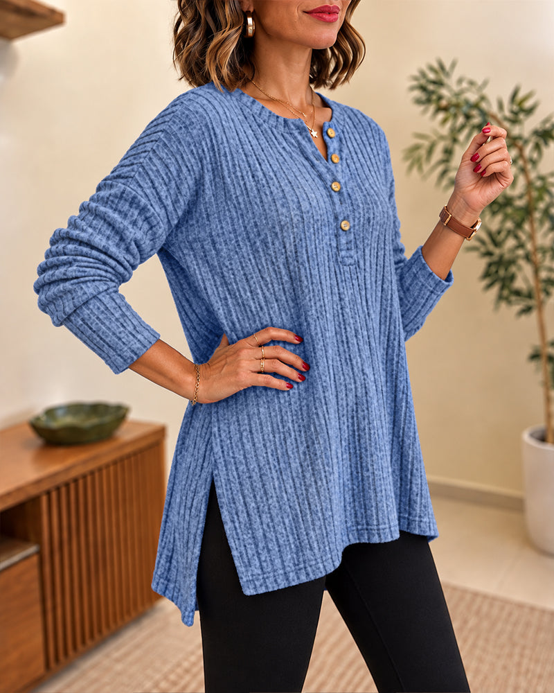 Women's Ribbed Knit Henley Neck Long Sleeve Loose Casual Top with Side Slits
