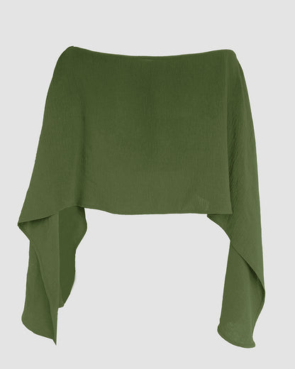 Solid Color Off Shoulder Split Sleeve Versatile Crop Blouse with Elastic Hem Bandeau Top