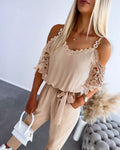Women's Cold Shoulder Jumpsuit Gold Chain Lace Patchwork Overalls Tapered Leg Jumpsuits with Pockets & Belt