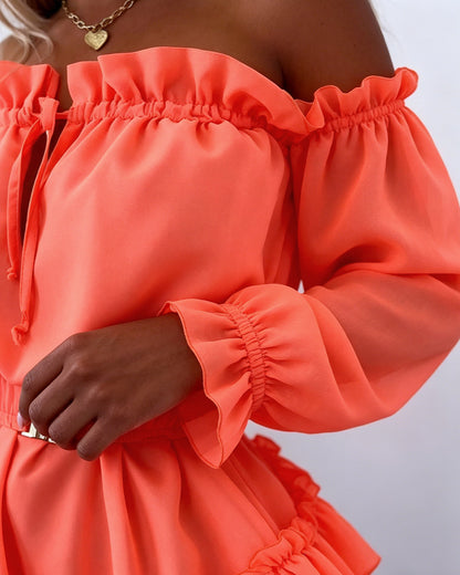 Women's Off Shoulder Frill Trim Mini A Line Dress Flowy Chiffon Ruffle Hem Party Dress with Belt & Built-In Shorts
