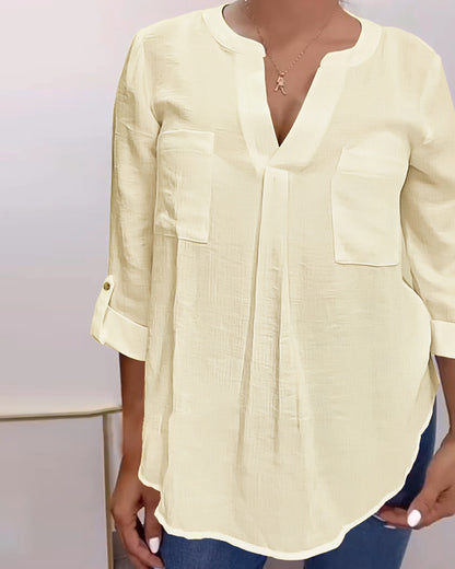 V-Neck Roll Up Sleeve Back Button Blouse Casual Top with Pocket