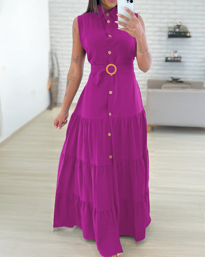 Turn-down Collar Sleeveless Button Front Dress Casual Belted Slit Ruched Maxi Dress