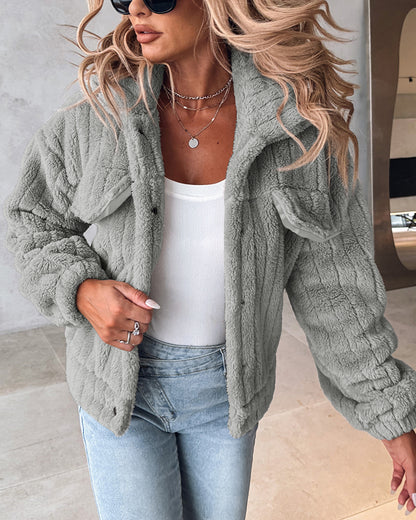 Textured Striped Turn-down Collar Button Front Elastic Cuff and Hem Teddy Fleece Jacket With Decorative Flap Pockets